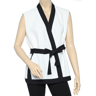 Pre-owned Ch Carolina Herrera White Twill Contrast Trim Belted Sleeveless Shrug M