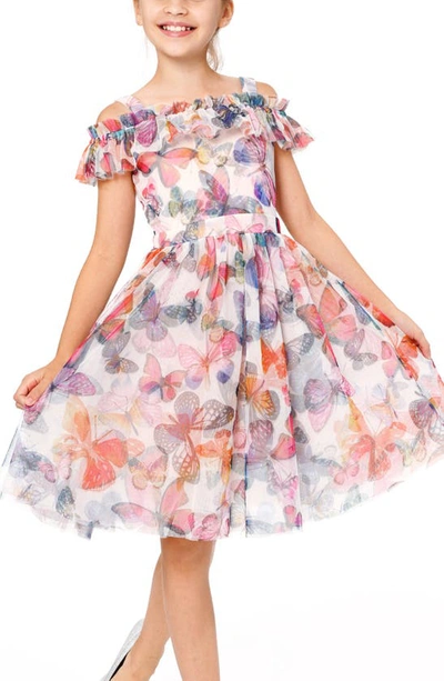 Hannah Banana Butterfly Print Cold Shoulder Dress In Pink Multi