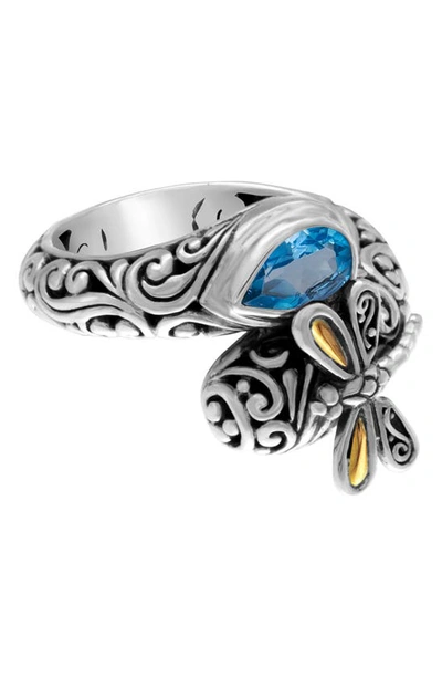 Shop Devata Sweet Dragonfly 18k Gold & Sterling Silver Swiss Blue Topaz Bypass Ring In Silver/ Gold/ Blue