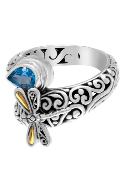 Shop Devata Sweet Dragonfly 18k Gold & Sterling Silver Swiss Blue Topaz Bypass Ring In Silver/ Gold/ Blue