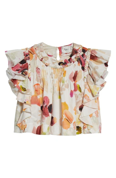 Shop Aje Dassia Flutter Sleeve Cotton Crop Top In Wallpaper Floral