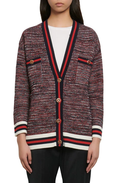 Shop Sandro Dyna Oversize Tweed Cardigan In Blue / Red