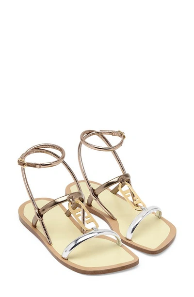 Fendi Mix Leather Ankle-strap Flat Sandals In Gold | ModeSens