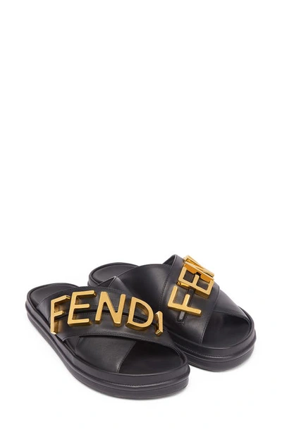 Fendi Logo-embellished Leather Slides In Black | ModeSens