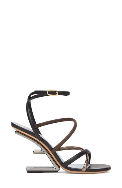 Shop Fendi First F Heel Strappy Sandal In Black Brown Multi