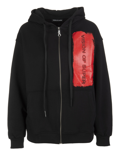 Shop Vision Of Super Unisex Black Hoodie With Logo Stripe In Red Latex