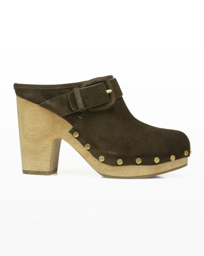 Shop Veronica Beard Dacey Buckle Suede Clogs In Military Suede