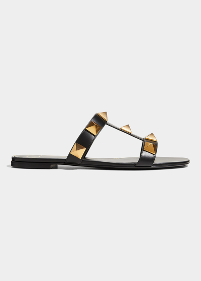 Shop Valentino Roman Stud Flat Slide Sandals In Black
