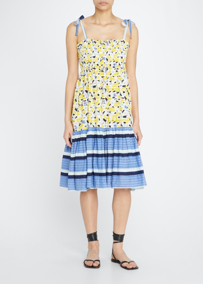 Shop Tanya Taylor Leandra Mixed-print Smocked Midi Dress In Poppy Fields Opti