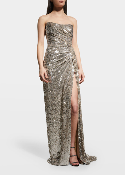 Shop Monique Lhuillier Strapless Sequin-embellished Draped Gown In Chrome