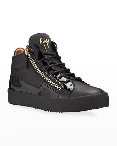 Shop Giuseppe Zanotti Men's Kriss Leather Mid-top Sneakers In Black