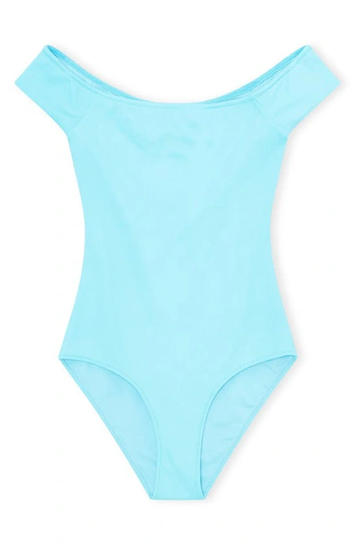 Shop Ganni Off The Shoulder One-piece Swimsuit In Bachelor Blue