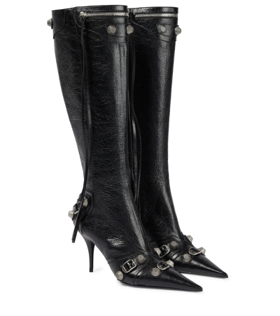 Shop Balenciaga Cagole Leather Knee-high Boots In Black/pallad Inv