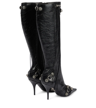 Balenciaga Cagole White Pointed High-boots With Studs And Buckles In Leather Woman In Black
