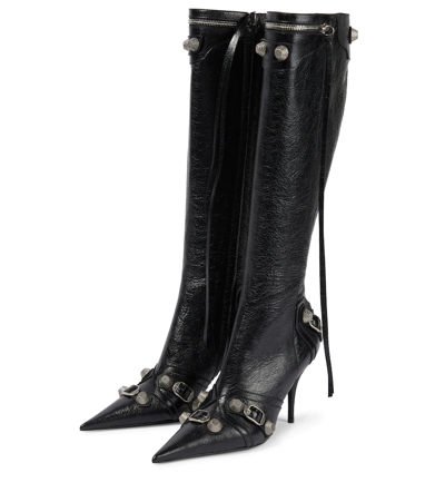 Balenciaga Cagole White Pointed High-boots With Studs And Buckles In Leather Woman In Black