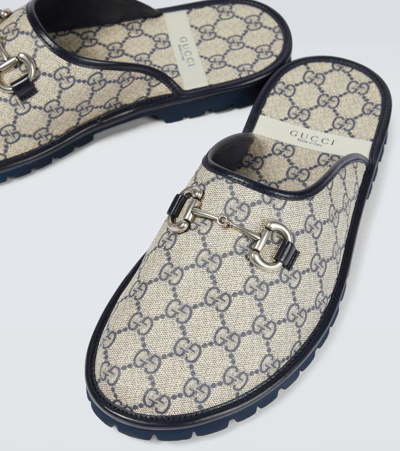 Shop Gucci Gg Canvas Slippers In Beige Blu Rb/blu