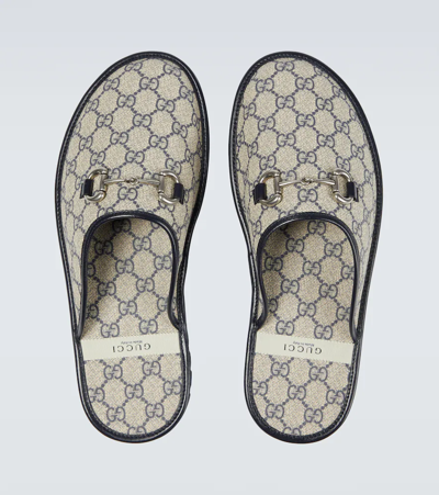 Shop Gucci Gg Canvas Slippers In Beige Blu Rb/blu