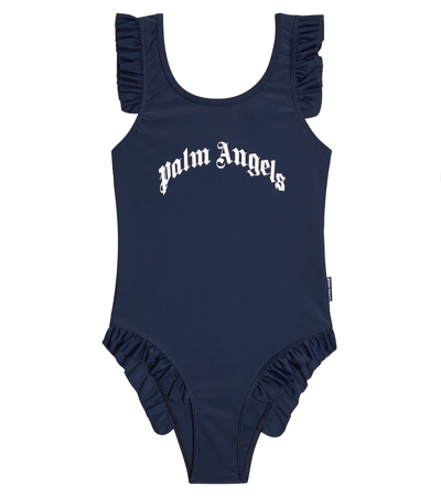 Shop Palm Angels Logo Swimsuit In Navy Blue White