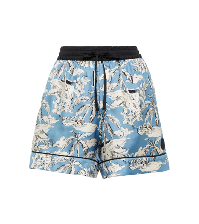 Shop Moncler Printed Silk Twill Shorts In Blue