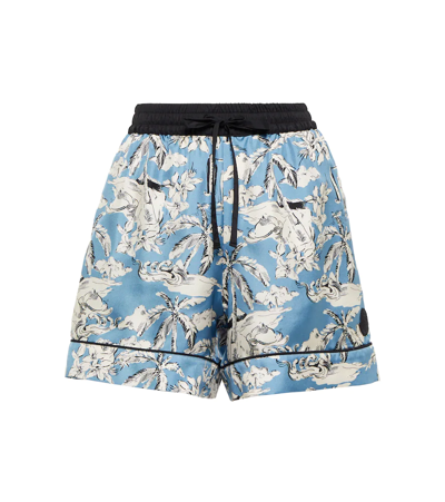 Moncler Botanical Motif Drawstring Waist Mini Shorts In Blue