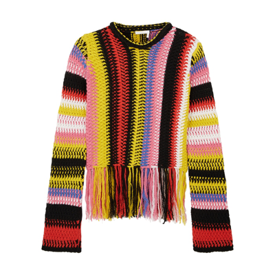 Chloé Fringed Bottom Crochet Sweater With Multicolor Motif In Multicoloured