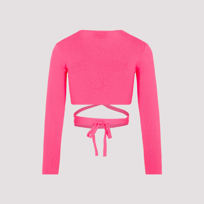 Shop Msgm Wrap Knitted Crop Top In Pink &amp; Purple