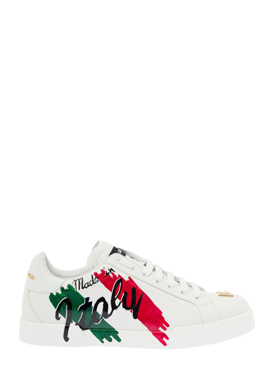 Shop Dolce & Gabbana Man's White Leather Sneakers With Made In Italy Print