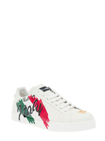 Shop Dolce & Gabbana Man's White Leather Sneakers With Made In Italy Print