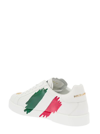 Shop Dolce & Gabbana Man's White Leather Sneakers With Made In Italy Print