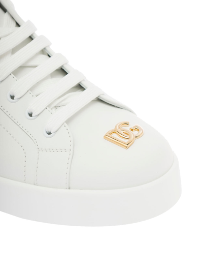 Shop Dolce & Gabbana Man's White Leather Sneakers With Made In Italy Print