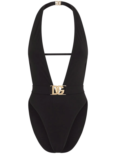 Shop Dolce & Gabbana Plunge-neck Belted Swimsuit In Black