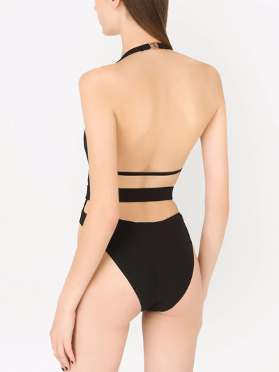 Shop Dolce & Gabbana Plunge-neck Belted Swimsuit In Black