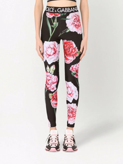 Shop Dolce & Gabbana Floral-print Logo-waistband Leggings In Black