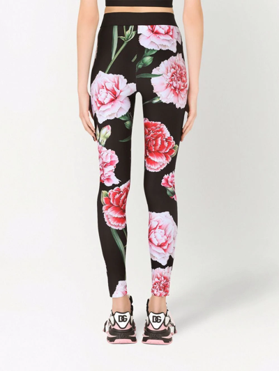 Shop Dolce & Gabbana Floral-print Logo-waistband Leggings In Black