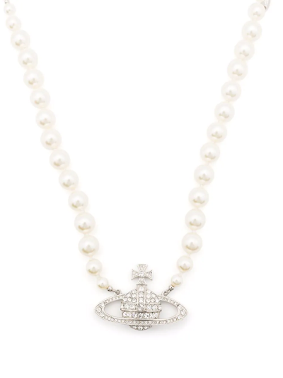 Shop Vivienne Westwood Imogene Crystal-orb Pearl Necklace In Silver