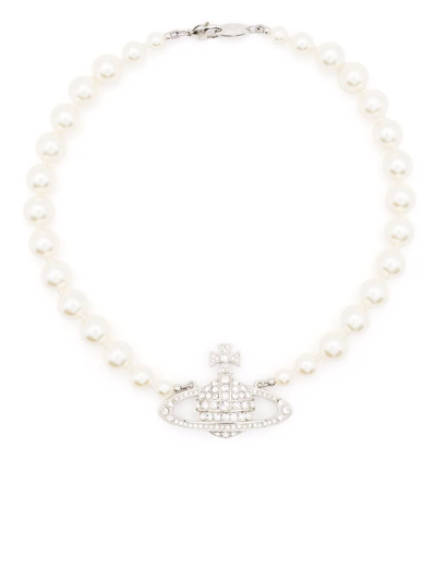 Shop Vivienne Westwood Imogene Crystal-orb Pearl Necklace In Silver