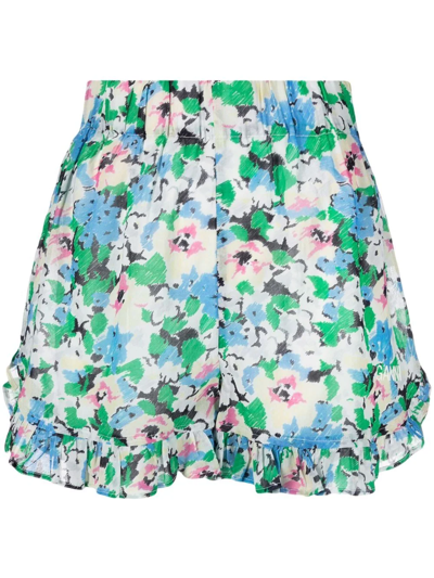 Shop Ganni Ruffle-trim Floral Shorts In Blau