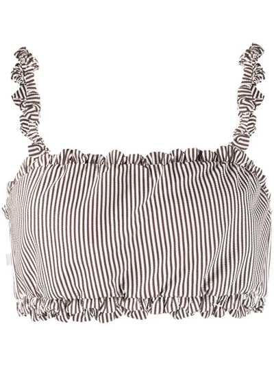 Ganni Ruched Striped Bikini Top In Braun