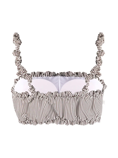 Ganni Ruched Striped Bikini Top In Braun