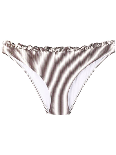 Shop Ganni Ruched Striped Bikini Bottoms In Braun