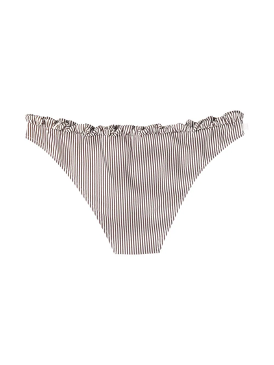 Shop Ganni Ruched Striped Bikini Bottoms In Braun