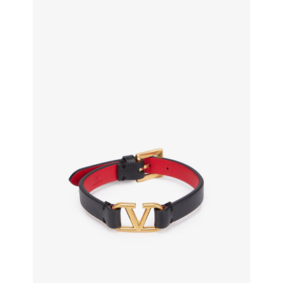 Shop Valentino Vlogo Debossed Leather And Brass Bracelet In Nero/rouge Pur