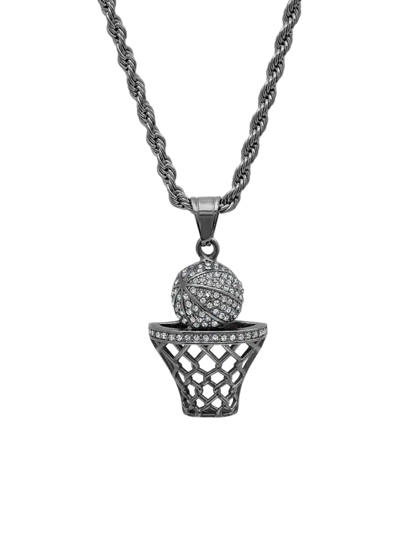 Shop Anthony Jacobs Men's Stainless Steel & Simulated Diamond Basketball And Hoop Pendant Necklace In Black