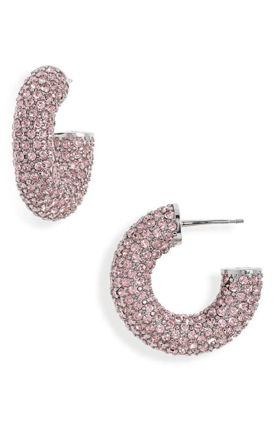 Shop Amina Muaddi Mini Cameron Hoop Earrings In Rose Crystals & Silver Base