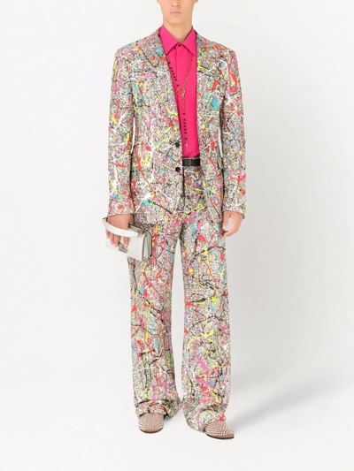 Shop Dolce & Gabbana Paint Splatter Wide Leg Suit Trousers In Silber