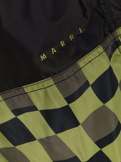 Shop Marni Checkerboard Drawstring Swim Shorts In Grün