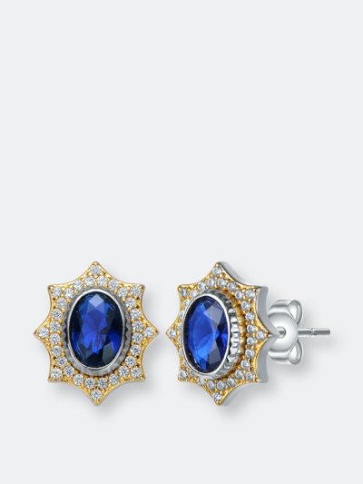 Shop Rachel Glauber Rhodium And 14k Gold Plated Sapphire Cubic Zirconia Stud Earrings In Blue