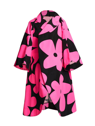 Shop Comme Des Garçons Floral-print Oversized Asymmetric Coat In Black Pink