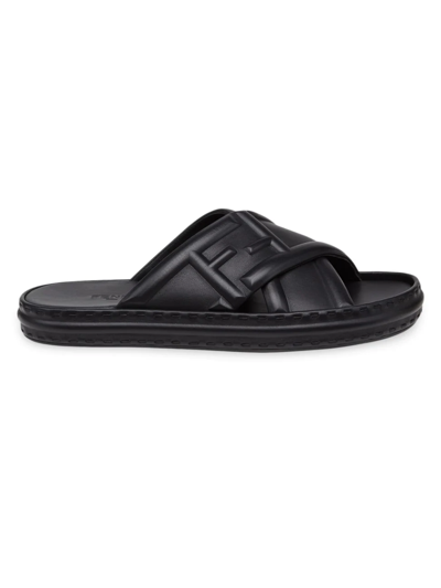 Shop Fendi Men's Logo-embossed Leather Slides In Nero