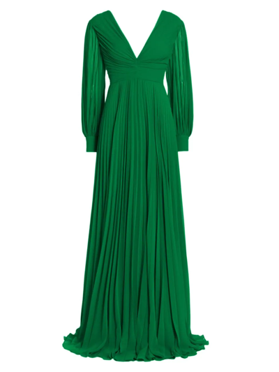 Shop Badgley Mischka Women's Pleated V-neck Gown In Palm Green